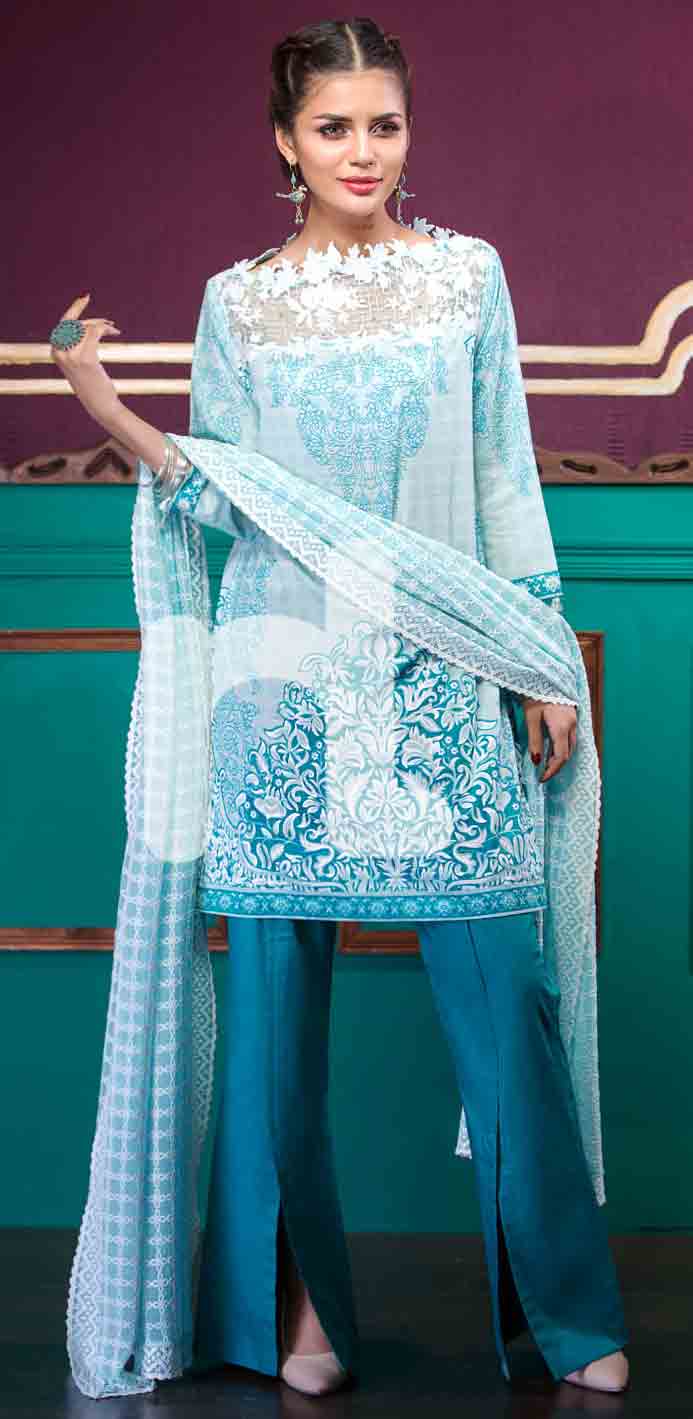 Latest sky blue girls eid dresses 2017 in Pakistan by Nishat Linen