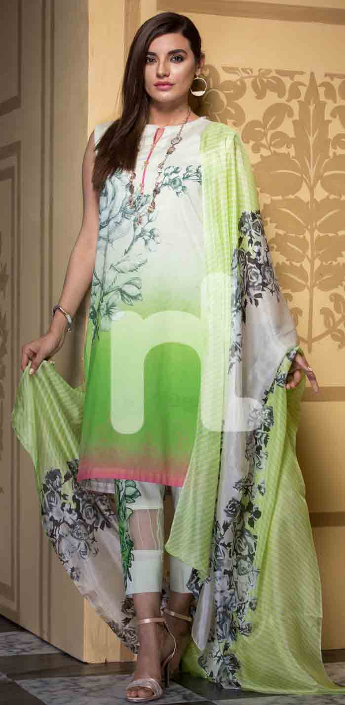 New white and green girls eid dresses 2017 in Pakistan by Nishat Linen