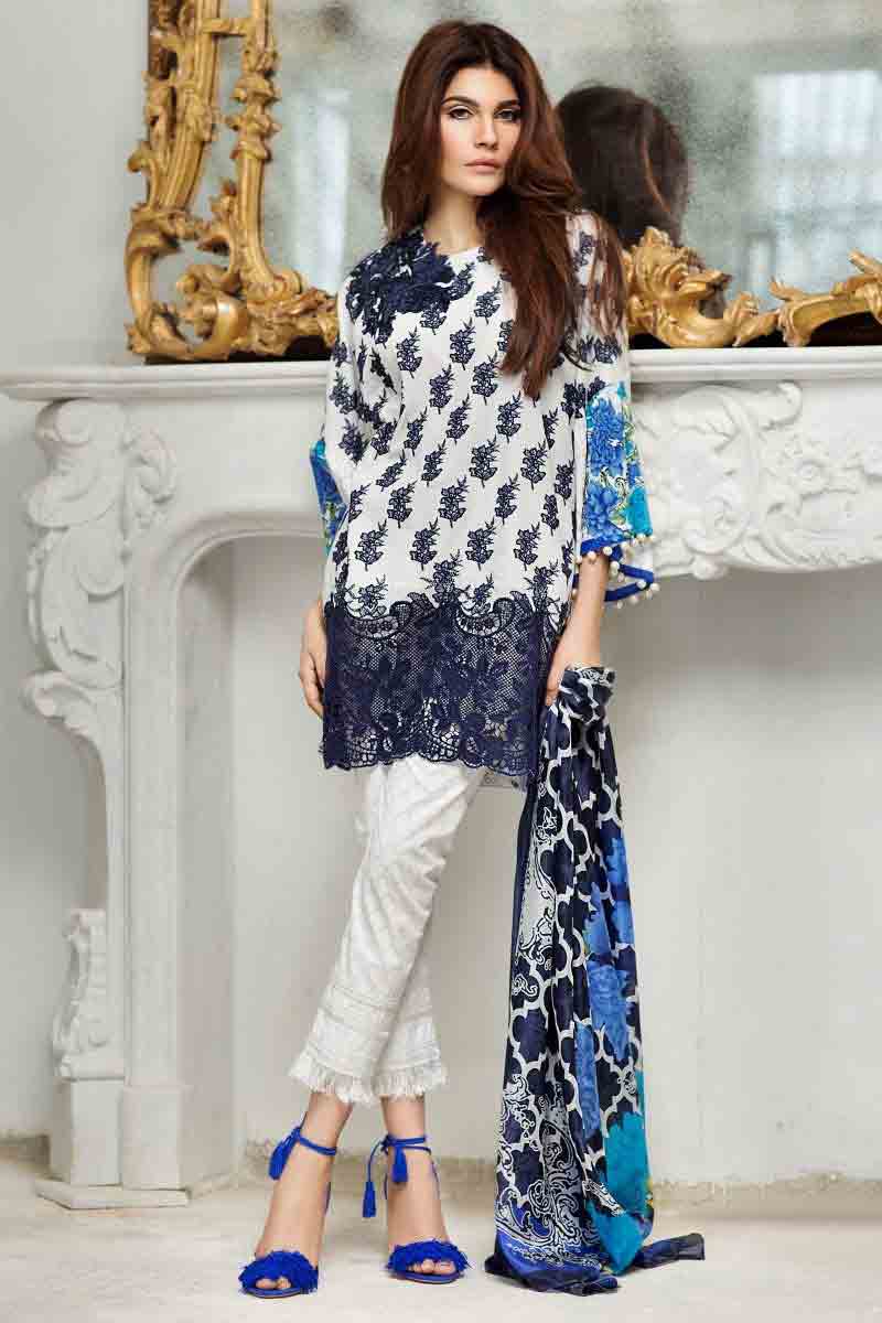 Sana safinaz white and blue short shirt with white trousers and matching dupatta new summer lawn dresses 2017 for Pakistani girls
