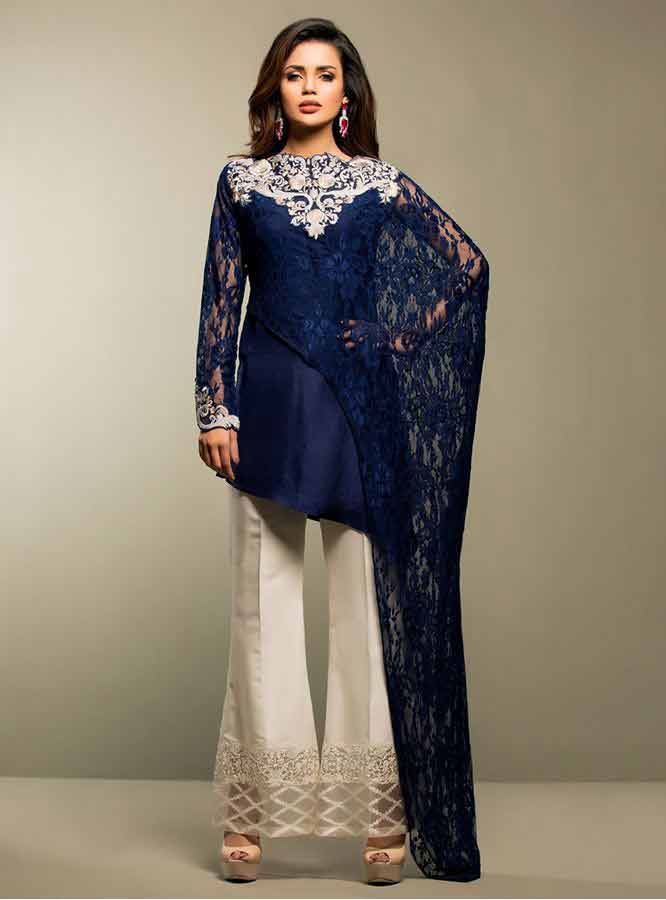 latest Zainab chottani navy blue net lace short shirt with white embroidery on neck and white trouser girls net dresses 2017 pakistani party dresses with price