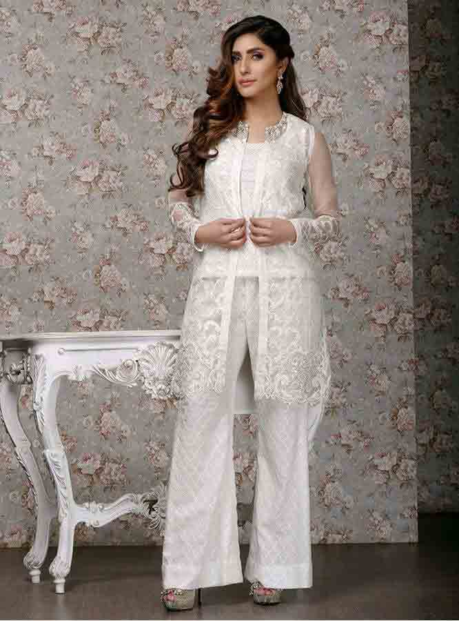 Zainab chottani pearl white short open shirt with white trouser girls net dresses 2017 pakistani party dresses with price