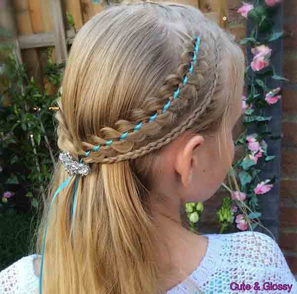 ribbon braided half up half down little girls hairstyles for eid party 2017