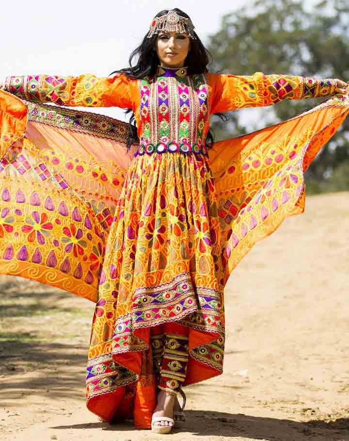 best long tail yellow and orange pathani frock style dress designs 2017