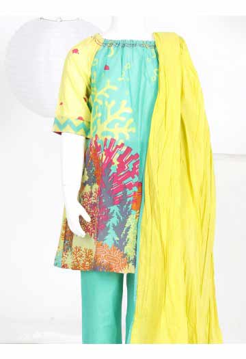 Ferozi kameez with matching pants and yellow dupatta latest kids eid dresses for little girls in Pakistan 2017