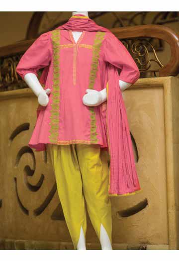 Pink short frock with green tulip shalwar and matching dupatta latest kids eid dresses for little girls in Pakistan 2017