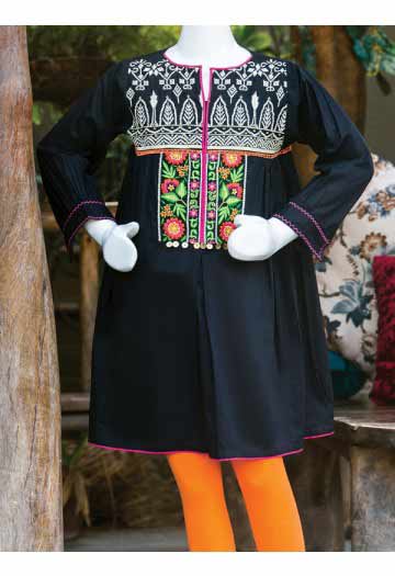 Black kurti for little girls with orange tights latest kids eid dresses for little girls in Pakistan 2017