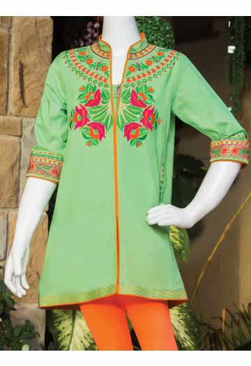 Light green kameez with orange tights latest kids eid dresses for little girls in Pakistan 2017