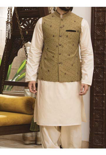 men golden beige waist coat with off white kameez men eid kurta shalwar kameez and waistcoat dress designs 2017 by Junaid Jamshed