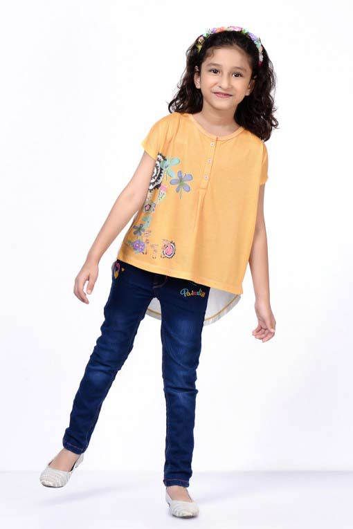 Orange short shirt with blue jeans eid dress for baby girls latest kids eid dresses for little girls in Pakistan 2017