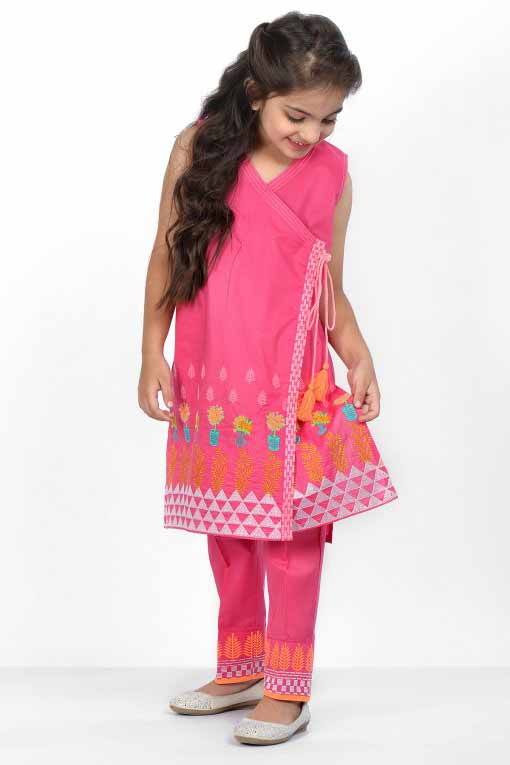 Shocking pink and orange angrakha style front open frock or shirt with matching pants latest kids eid dresses for little girls in Pakistan 2017