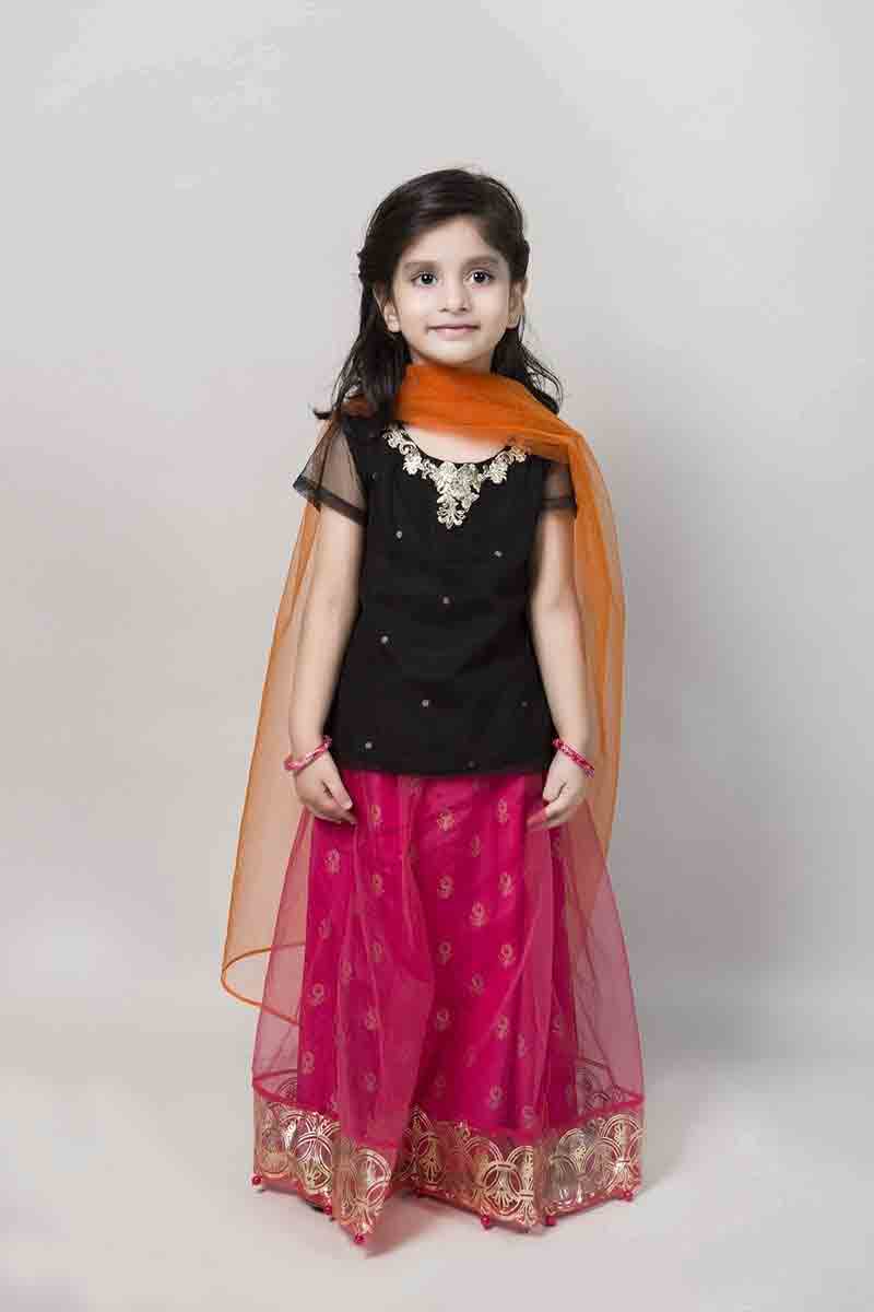 Shocking pink and black lehnga choli with orange net dupatta latest kids eid dresses for little girls in Pakistan 2017