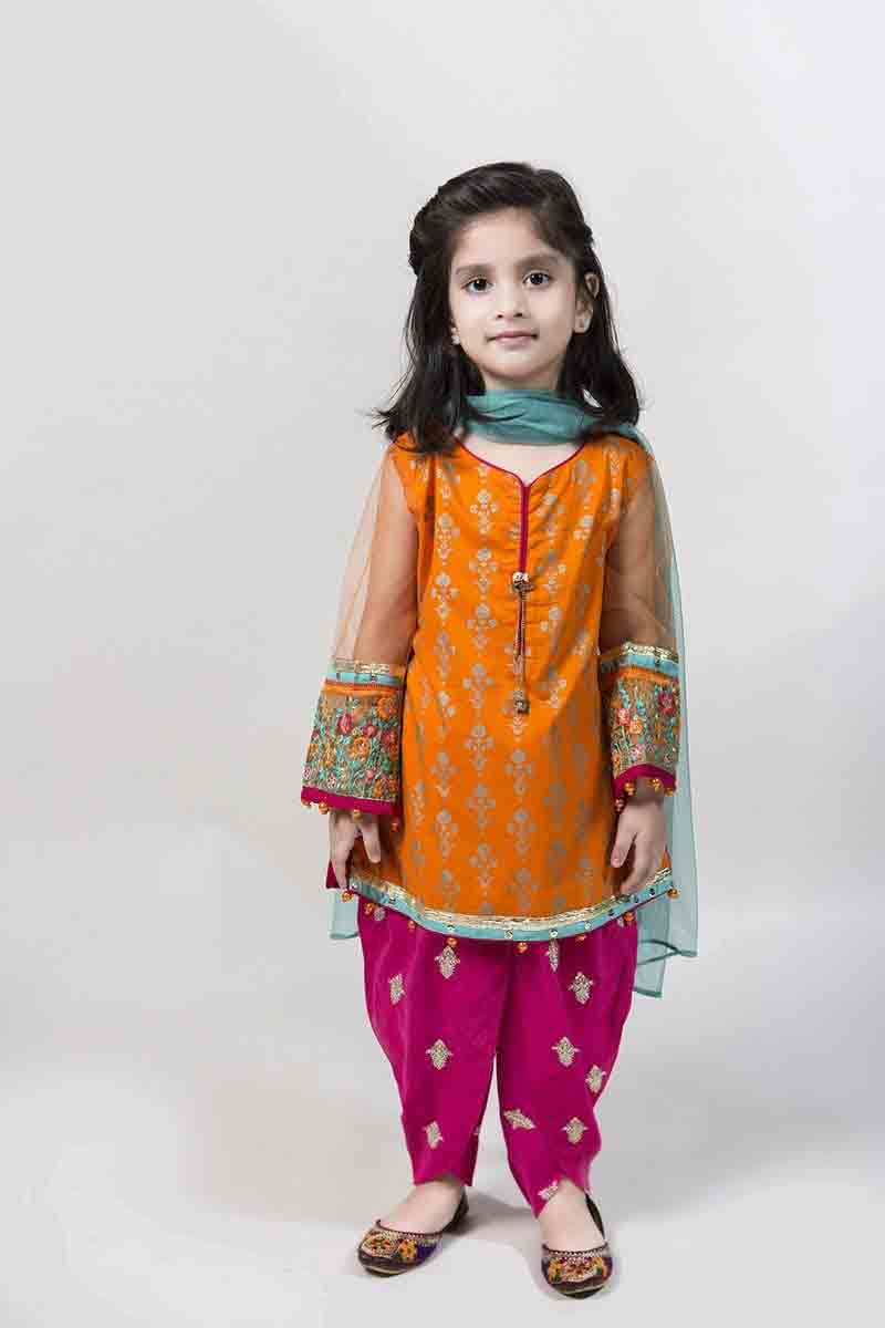 Orange kameez with tulip shalwar and sky blue dupatta latest kids eid dresses for little girls in Pakistan 2017