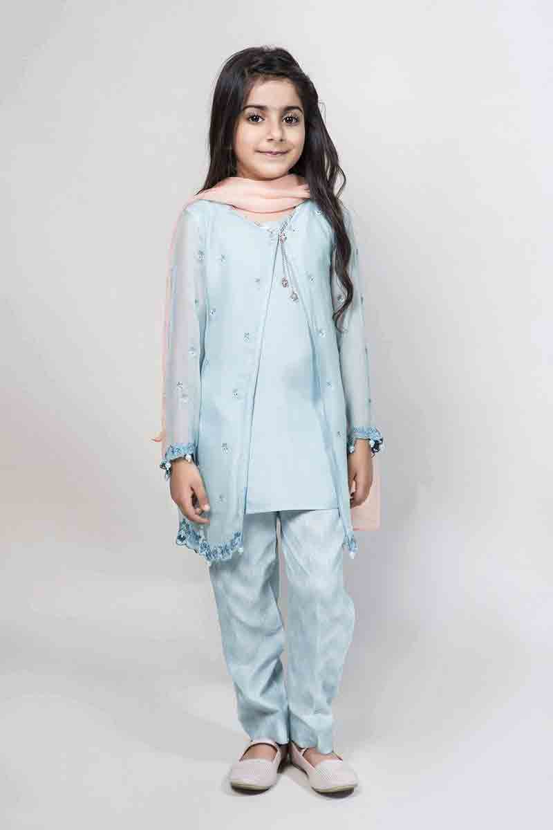 Sky blue front open double shirt with peach dupatta latest kids eid dresses for little girls in Pakistan 2017