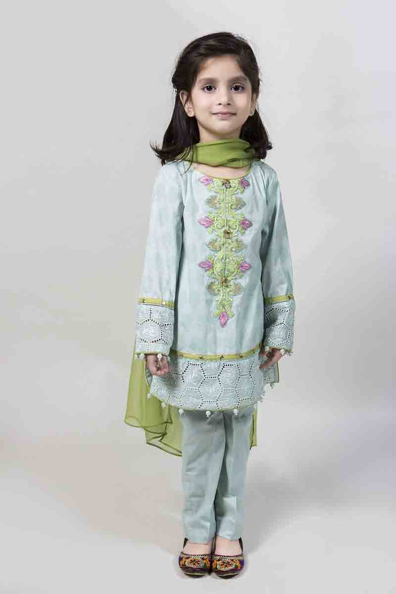 Sky blue kurti with cigarette pants and green dupatta latest kids eid dresses for little girls in Pakistan 2017