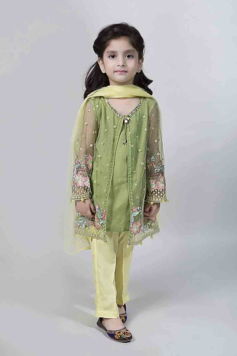 Front open green double shirt having a great detail work with straight yellow pants and dupatta latest kids eid dresses for little girls in Pakistan 2017