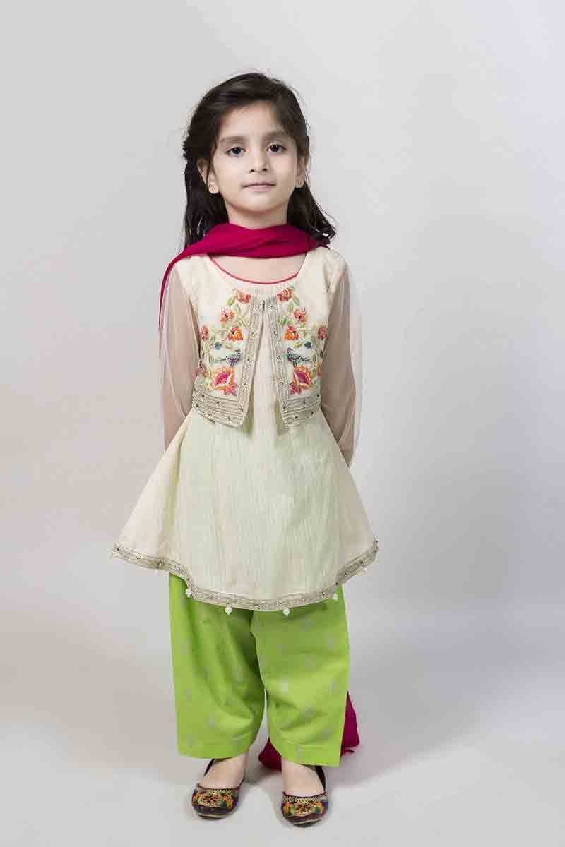 Off white short frock with jacket with green shalwar and maroon dupatta latest kids eid dresses for little girls in Pakistan 2017
