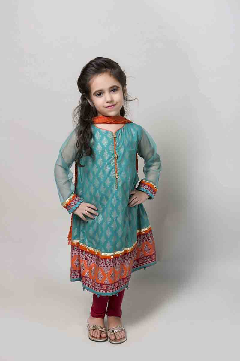 Blue long frock with orange pants and dupatta latest kids eid dresses for little girls in Pakistan 2017