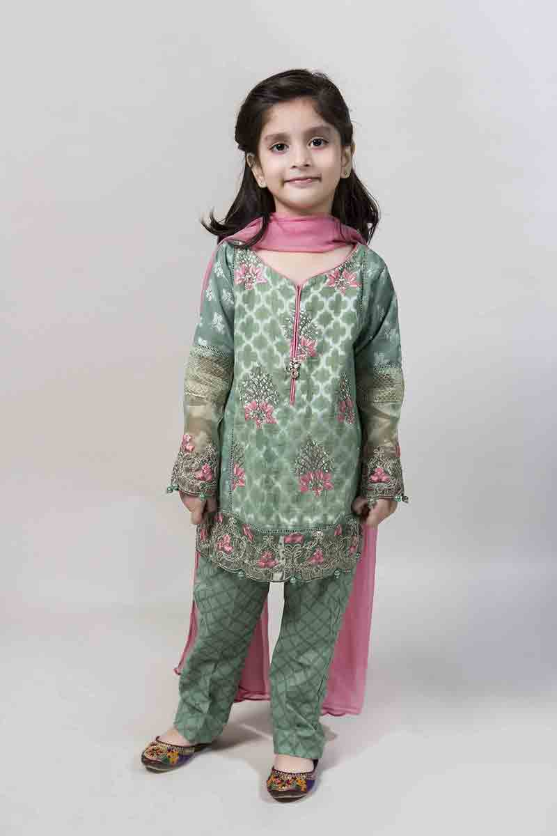 Green embellished kurti with trousers and pink dupatta latest kids eid dresses for little girls in Pakistan 2017