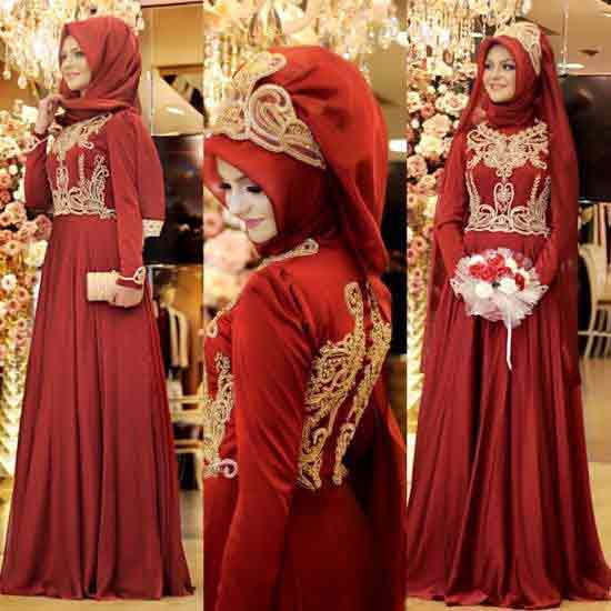 classy red and golden hijab with long maxi frock new eid party hijab style 2017