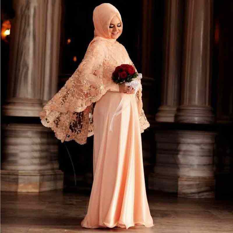 Light pink peach new eid party hijab style 2017 with long maxi gown