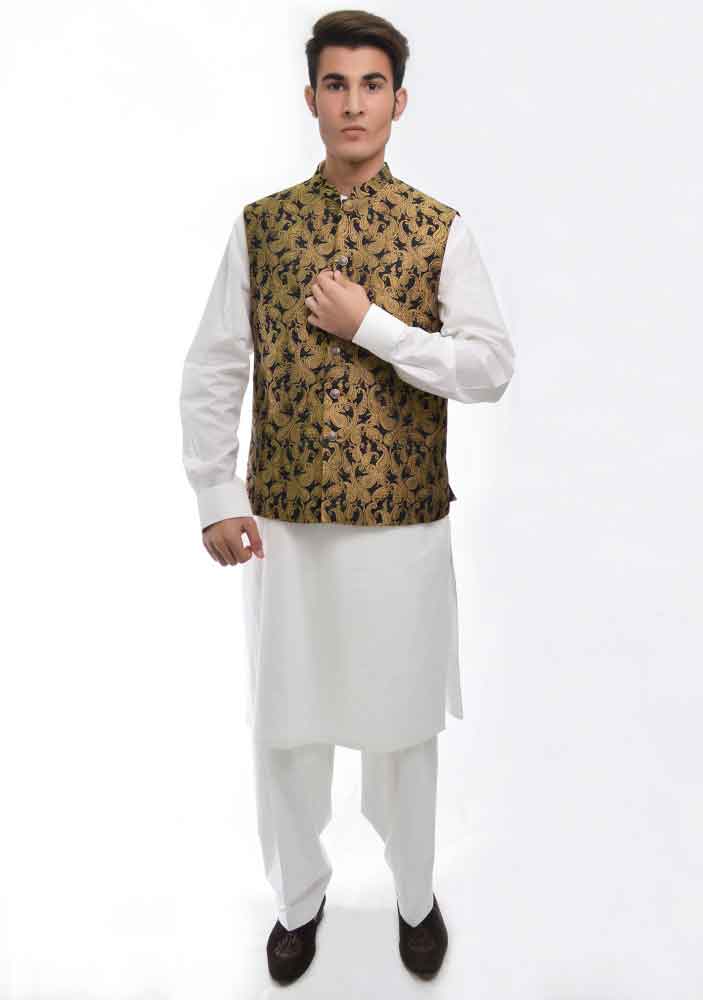 simple white shalwar kameez with golden black waistcoat latest amir adnan men kurta designs for ramadan 2017