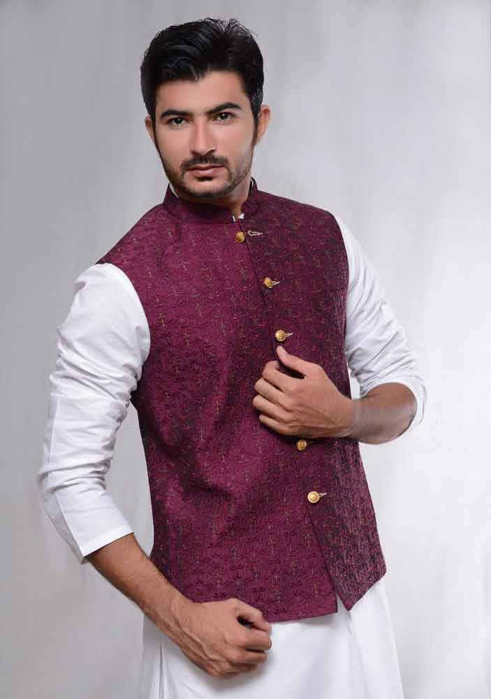 white kurta with magenta waistcoat latest amir adnan men kurta designs for ramadan 2017