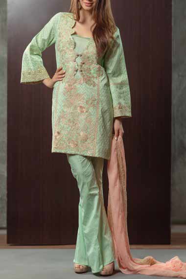 Alkaram green short shirt new eid dress designs for girls in Pakistan 2017