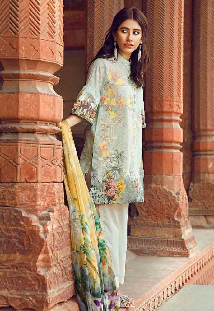 Cross Stitch light blue and yellow new eid dress designs for girls in Pakistan 2017