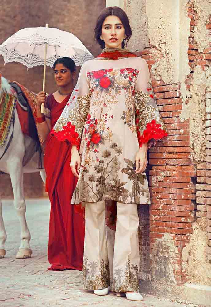 Cross Stitch red and beige short shirt new eid dress designs for girls in Pakistan 2017