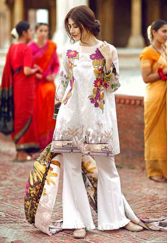 Cross Stitch white kurti new eid dress designs for girls in Pakistan 2017