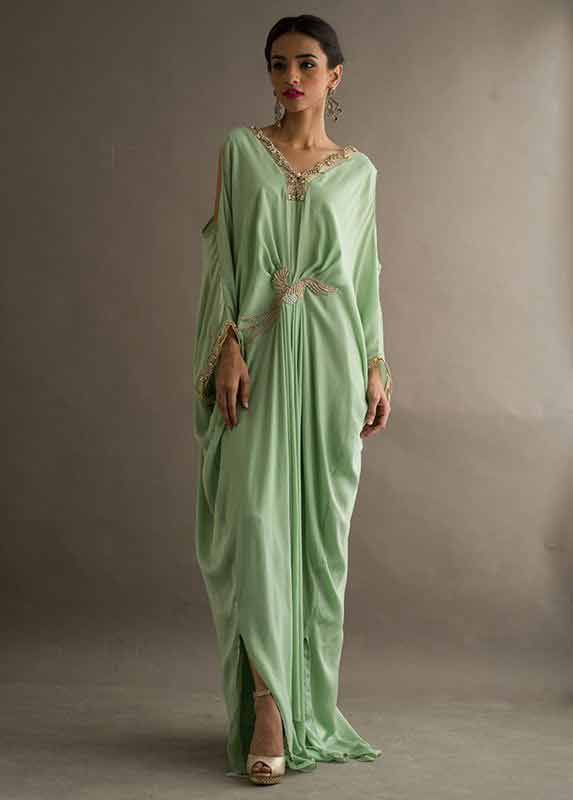 Light green pistachio fancy long gown Deepak Perwani eid dresses for girls 2017