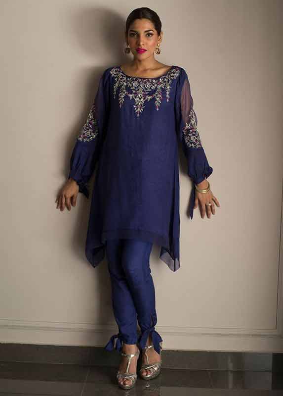 Blue short shirt with blue pants Deepak Perwani eid dresses for girls 2017