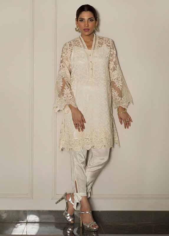 White net shirt with white pajama Deepak Perwani eid dresses for girls 2017