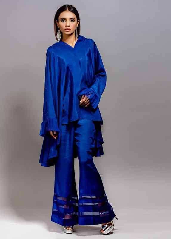 Royal blue short shirt with matching trousers Deepak Perwani eid dresses for girls 2017