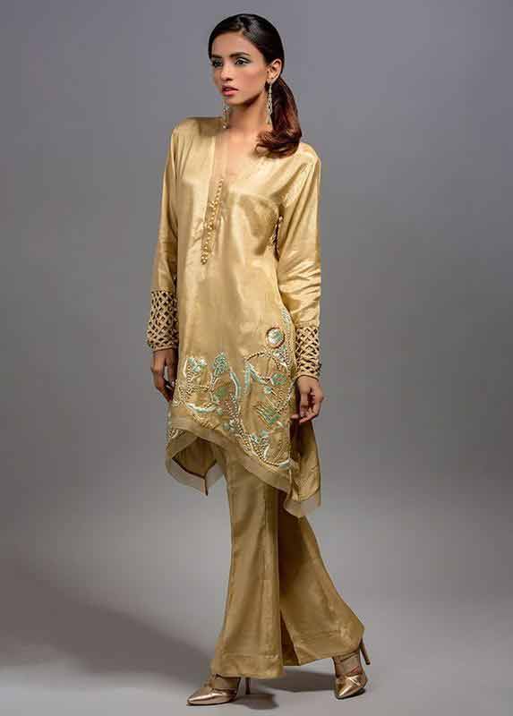 Golden embroidered shirt with matching flappers pants Deepak Perwani eid dresses for girls 2017