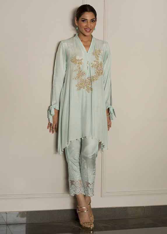 Sky blue shirt with matching capri pants Deepak Perwani eid dresses for girls 2017