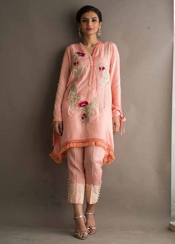 Pink peach shirt with matching capri Deepak Perwani eid dresses for girls 2017