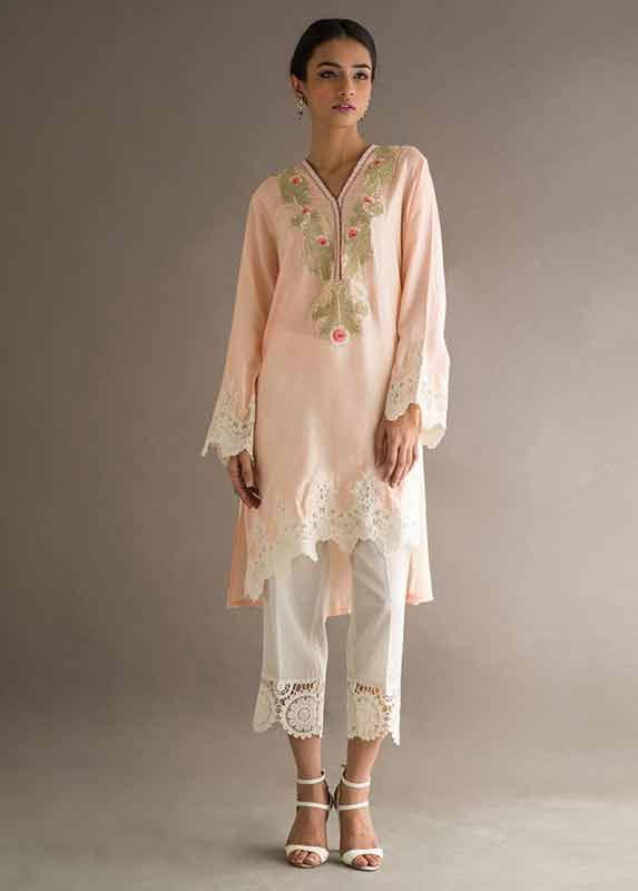 Light pink shirt with white trousers capri Deepak Perwani eid dresses for girls 2017