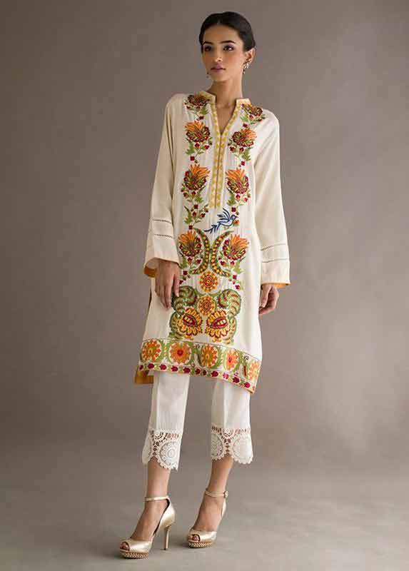 White and brown shirt with white capri Deepak Perwani eid dresses for girls 2017