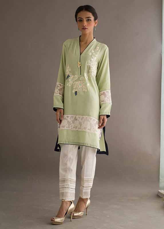 Green shirt with white pajama Deepak Perwani eid dresses for girls 2017