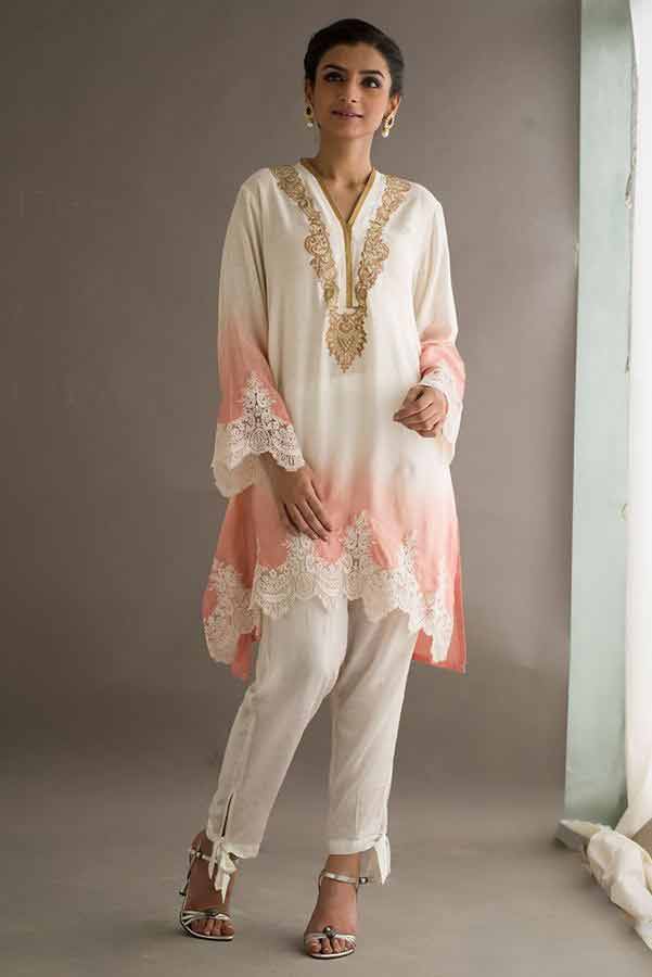 Pink shirt with white capri pants Deepak Perwani eid dresses for girls 2017