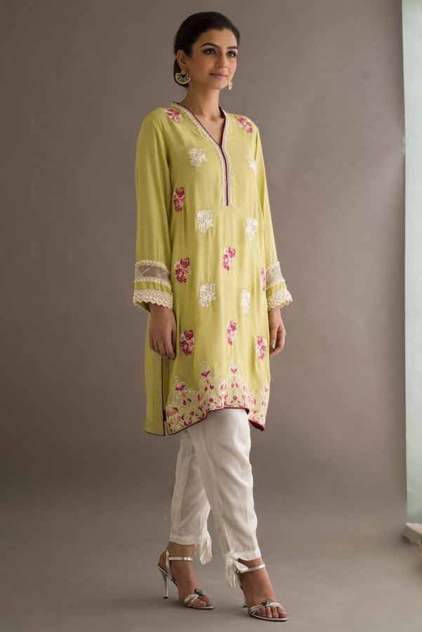 Yellow shirt with white capri Deepak Perwani eid dresses for girls 2017