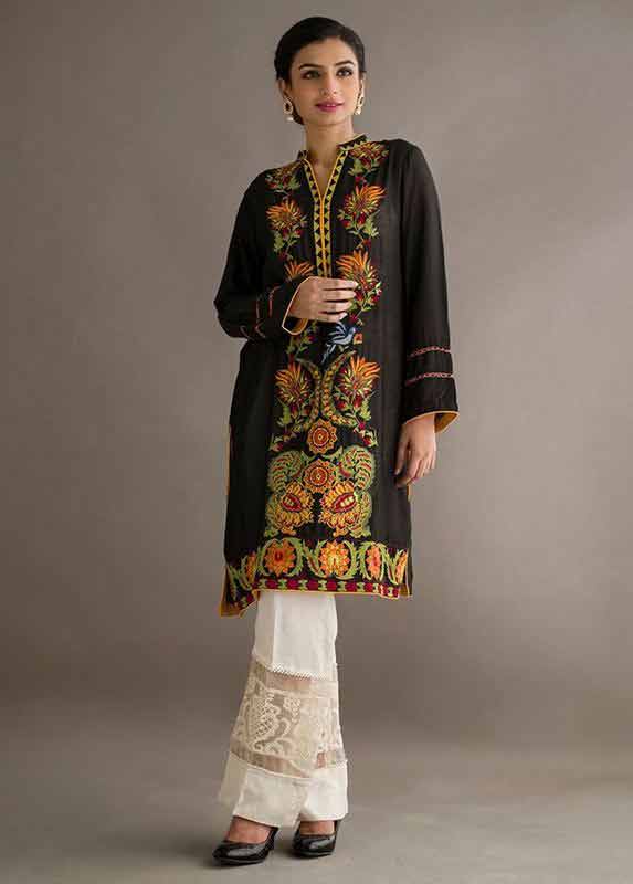 Latest black and brown shirt with white trousers Deepak Perwani eid dresses for girls 2017