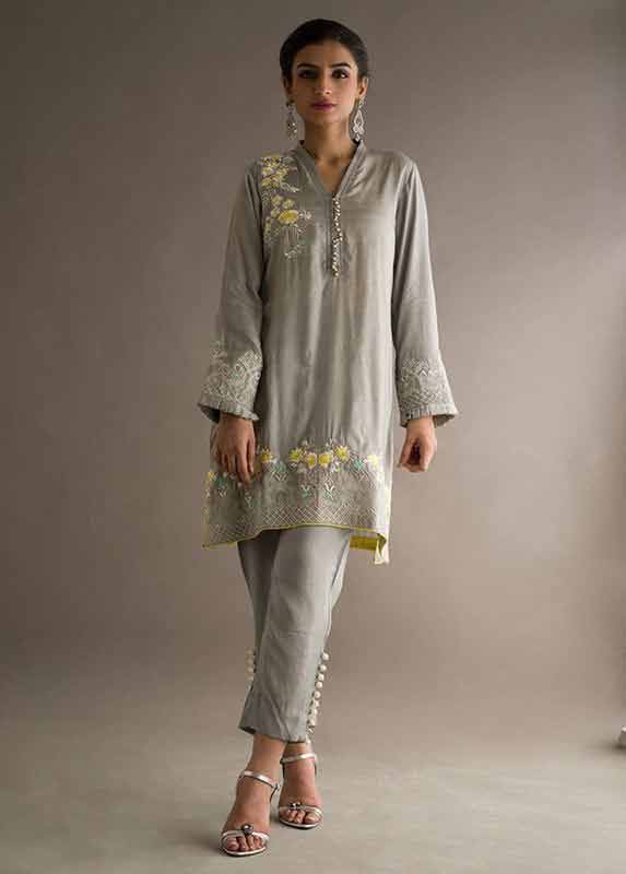 Latest grey shirt with matching pants Deepak Perwani eid dresses for girls 2017