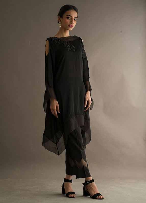 Latest black net shirt with black capri pants Deepak Perwani eid dresses for girls 2017