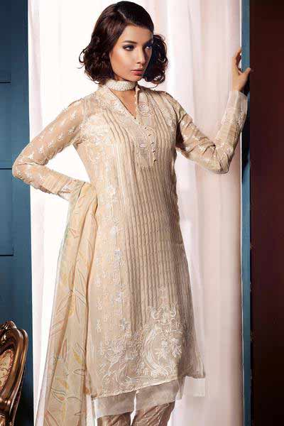 Gul Ahmed off white kameez shalwar new eid dress designs for girls in Pakistan 2017