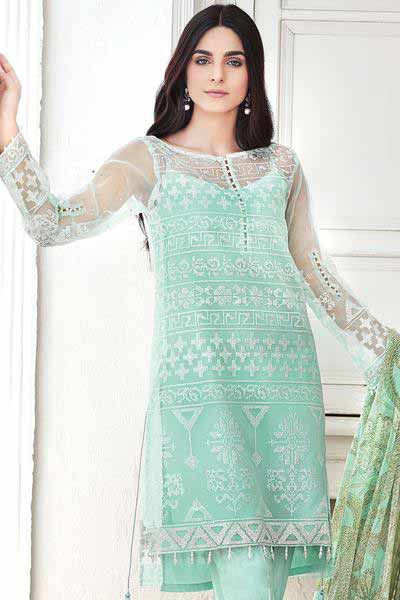 Gul Ahmed sky blue kameez shalwar new eid dress designs for girls in Pakistan 2017