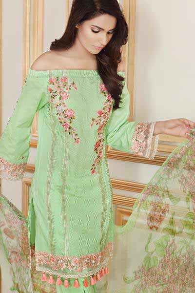 Gul Ahmed light green off shoulder shirt new eid dress designs for girls in Pakistan 2017