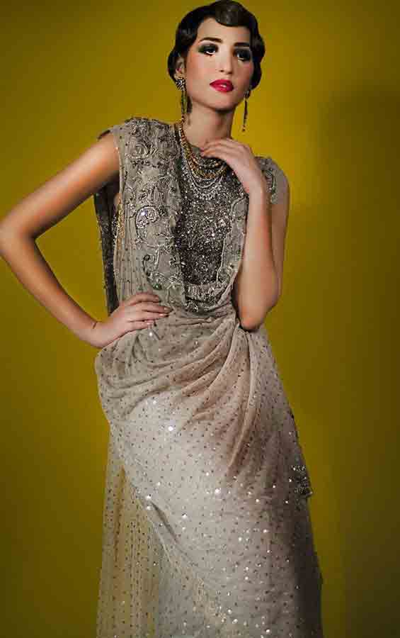 Pakistani saree designs in ash grey color for wedding brides