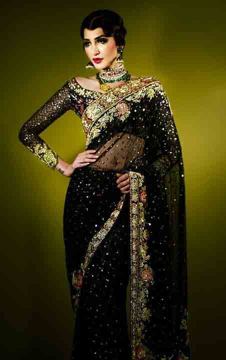 Pakistani saree designs in black and golden color combinations for wedding brides